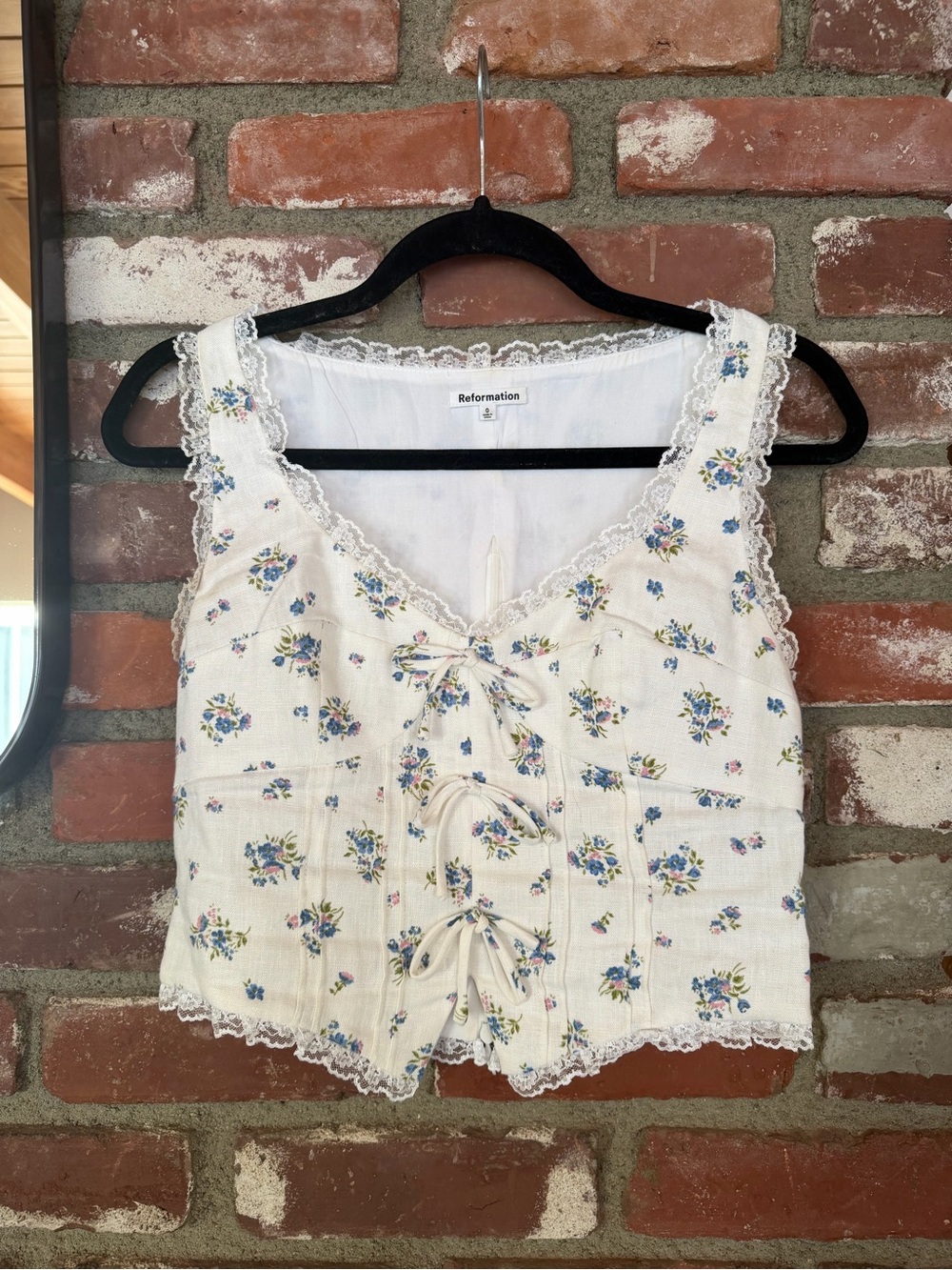 Reformation White Floral Lace-Trim Crop Top